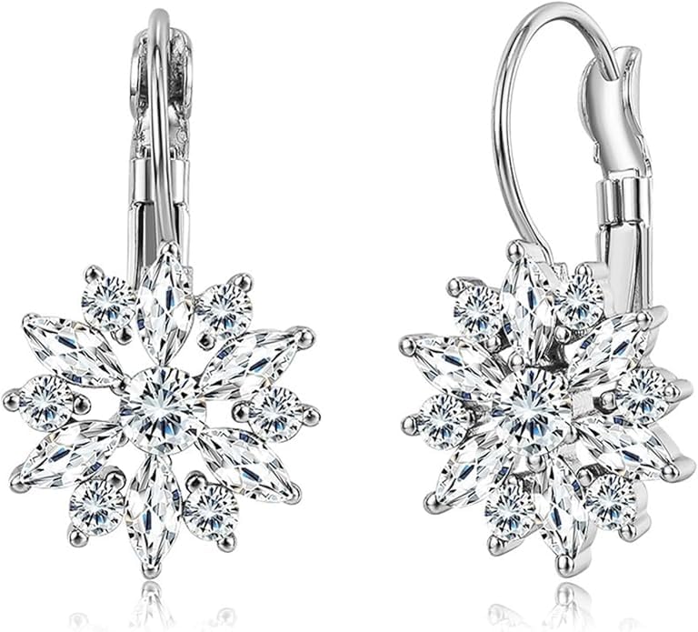 El Regalo Elegant Cubic Zirconia Snowflake Flower Earrings for Women & Girls- Shiny Silver Plated Crystal Flower Leverback Earrings