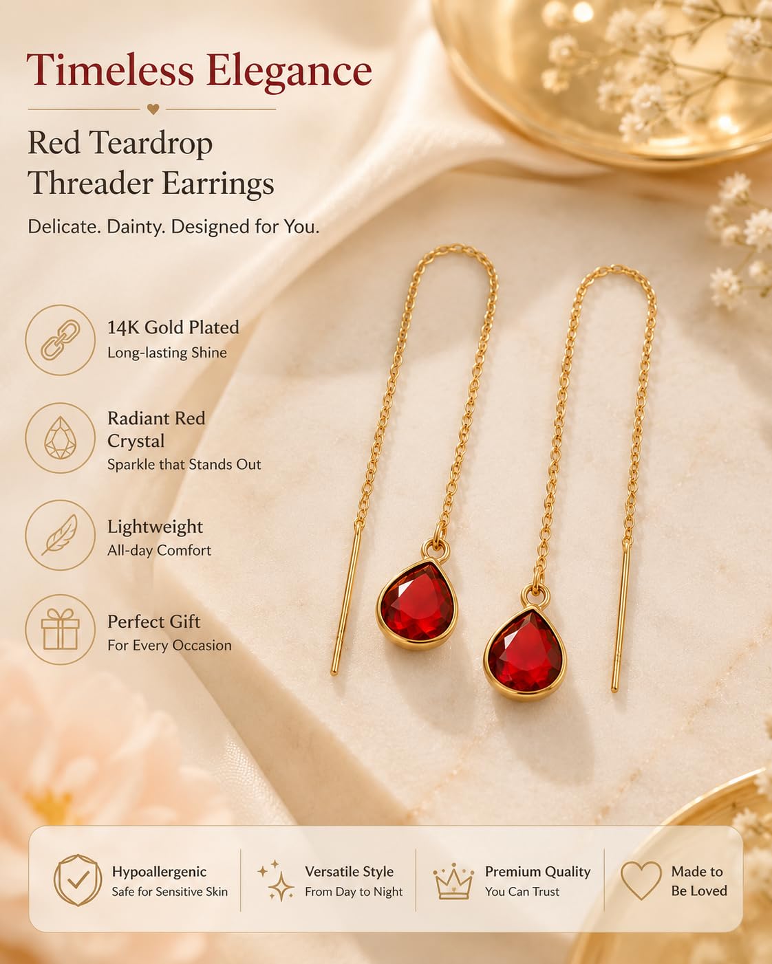 El Regalo Gorgeous Faceted Crystal Drop Threader Earrings for Girls & Women- Fancy, Delicate Sui Dhaga Threader Earrings (Red)
