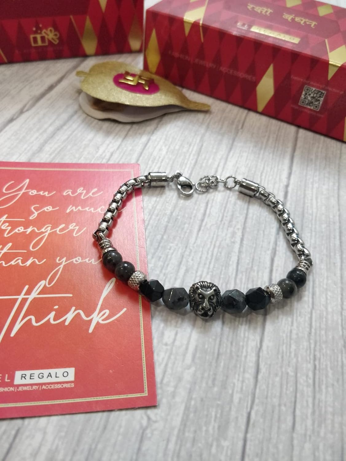 El Regalo Rakhi for Bhai- Lion Stainless Steel Bracelet Rakhi with Faceted Semi Precious Stones - Natural Healing Stones Stainless Steel Rakhi for Brother/Nephew/Bhatija (Option-1)