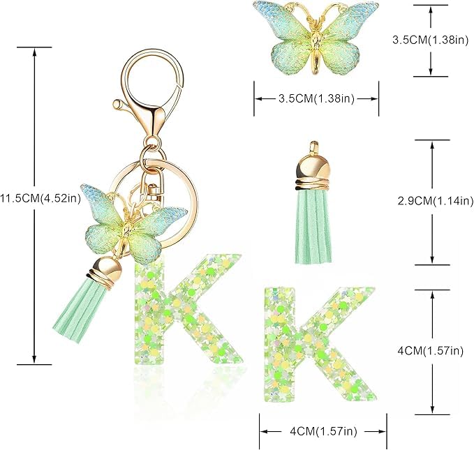El Regalo Personalized Name Initials Butterfly Charm Keychain - Name Letters Keyring with Green Butterfly & Stars Filled Resin & Tassel Pendant, Purse, Bag, Backpack Accessory (Letter K)