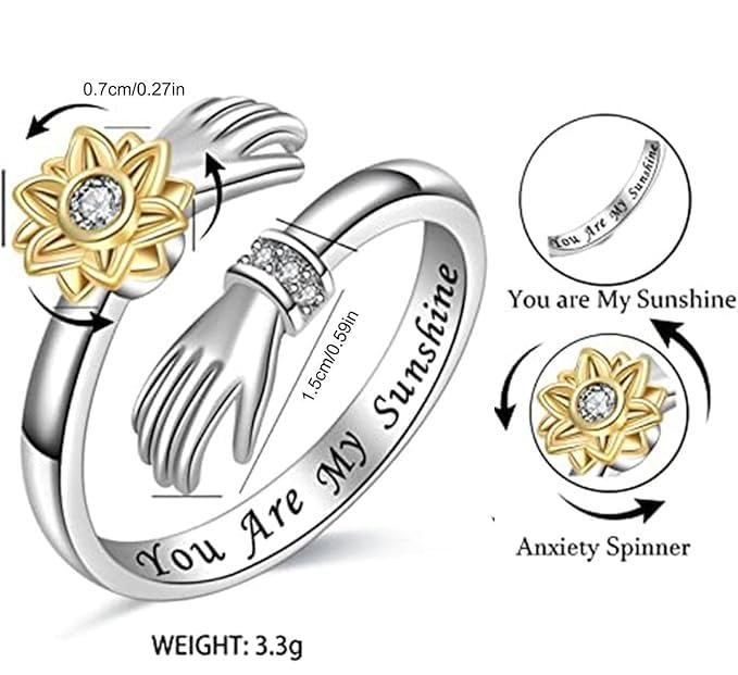 El Regalo Spinner Sunflower Zirconia Hug Ring- Adjustable 360 degrees Rotating Hugging Hands Ring for Girls/Women (You Are My Sunshine)