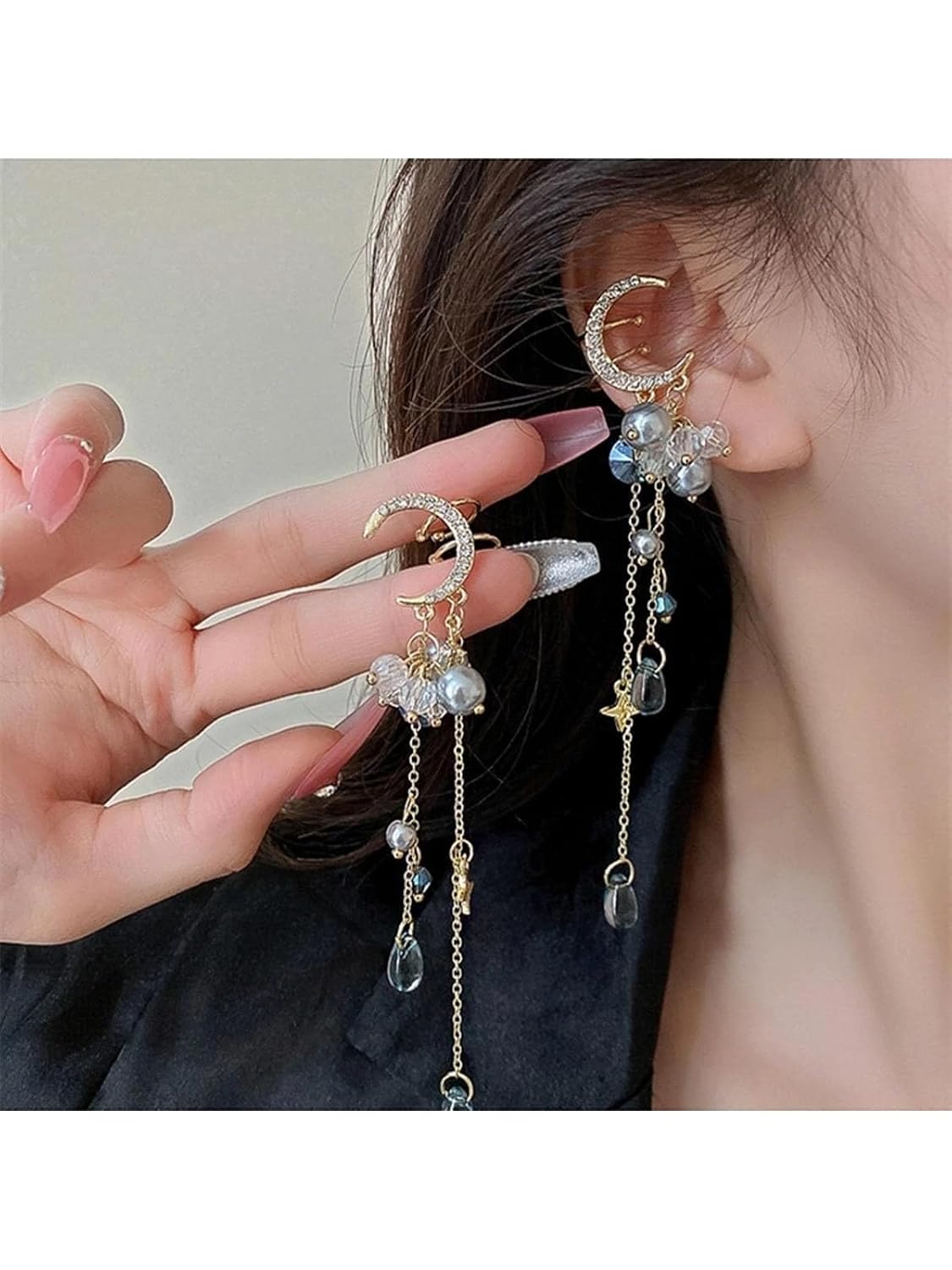 El Regalo Modern Moon Stars, Crystals, Pearls Tassel Ear Cuff Earrings for Non Pierced Ears- Trendy CZ Tassel Ear Cuffs/Clip On Earrings For Women