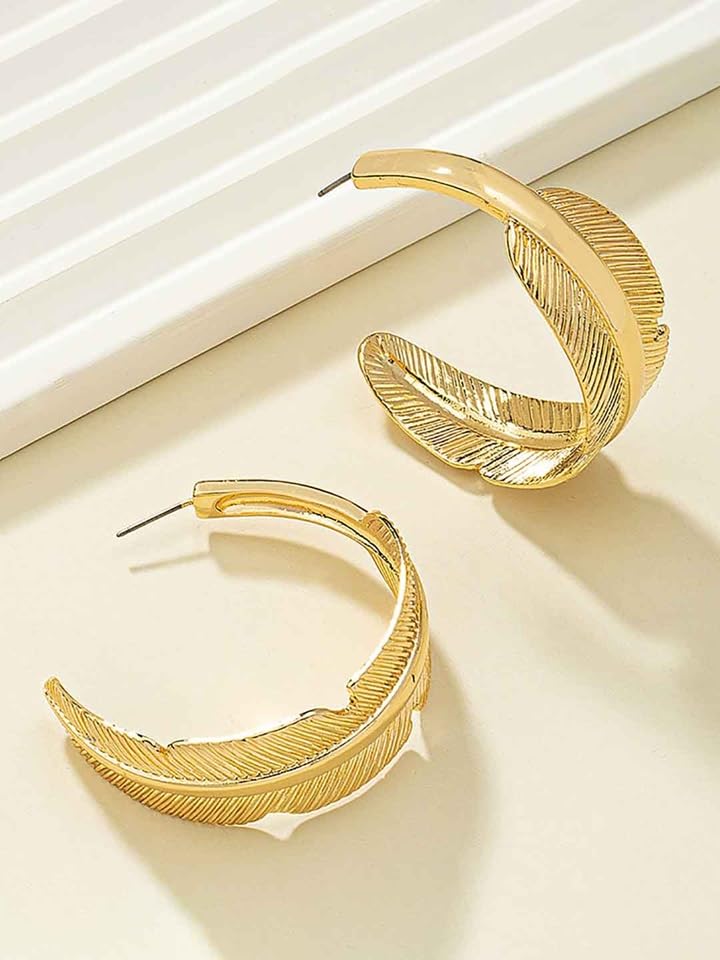 El Regalo Elegant Curved Leaf Gold Hoop Earrings- Minimalism Half Circle Feather Earrings for Girls & Women