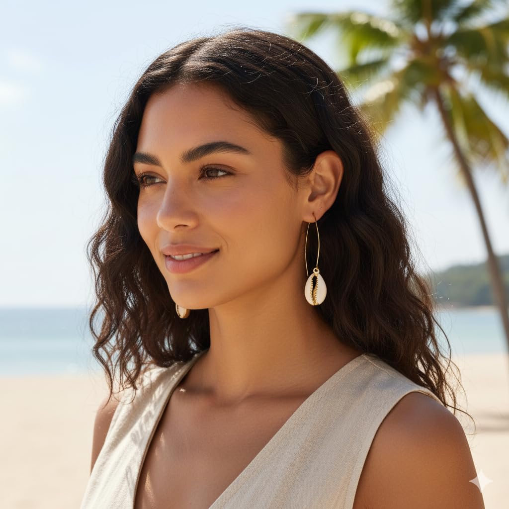 El Regalo Bohamian Cowrie Shell Earrings- Electroplated Retro Charms Earrings for Girls & Women (Golden Shell Dangle Earrings)