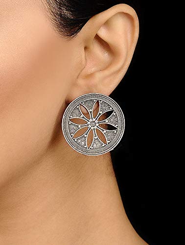El Regalo Oxidized Silver Brass Big Studs Earrings/Bollywood Big Oxidized Tribal Boho Stud Earrings (Big Leaves Cut)