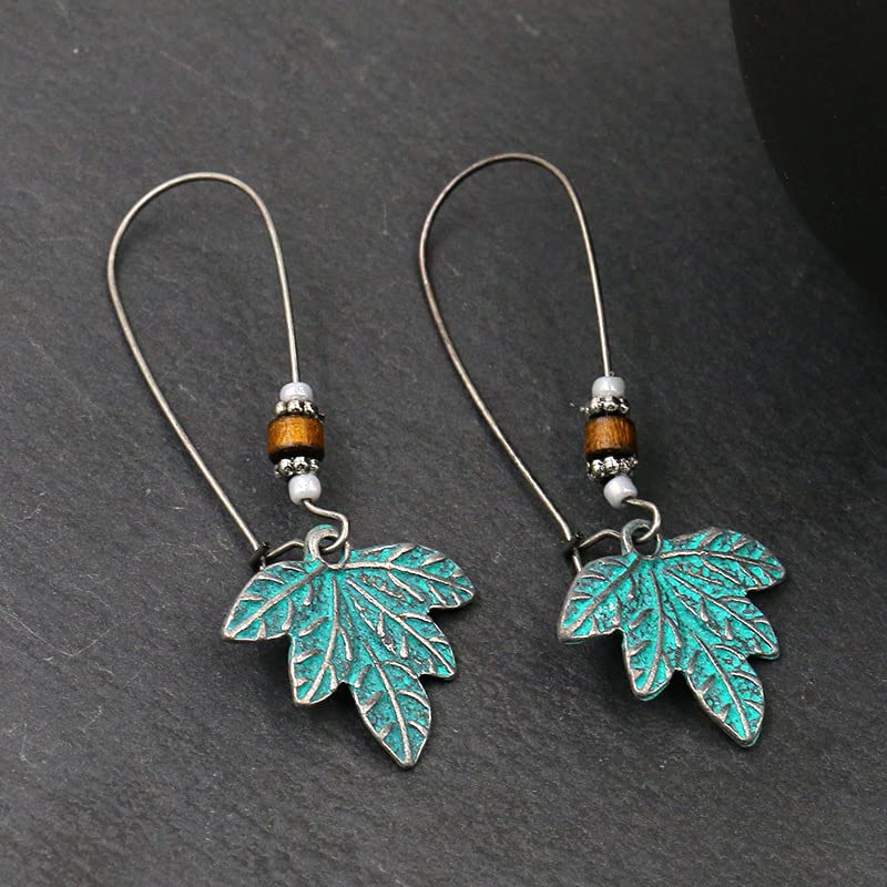 El Regalo Bohemian Antique Leaf Hook Earrings - Patina Finish Nature Inspired Dangle Earrings with Wooden & Bead Accents (Style-1)