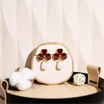 El Regalo Cute Orchid Flower Teardrop Pearl Earrings- 14K Gold Plated Pearl Earrings for Women | Floral Enamel drop Ball Earrings (Dark Maroon)
