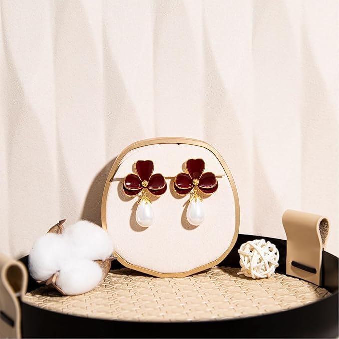 El Regalo Cute Orchid Flower Teardrop Pearl Earrings- 14K Gold Plated Pearl Earrings for Women | Floral Enamel drop Ball Earrings (Dark Maroon)