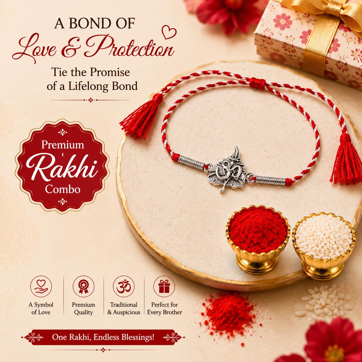 El Regalo 1PC Traditional Rakhi for Brother with Roli Chawal & Message Card | Designer Rakshabandhan Thread with OM, Shree Ram, Ganesha, Krishna Charms | Rakhi Gift Box Included (Genesha Leaf)