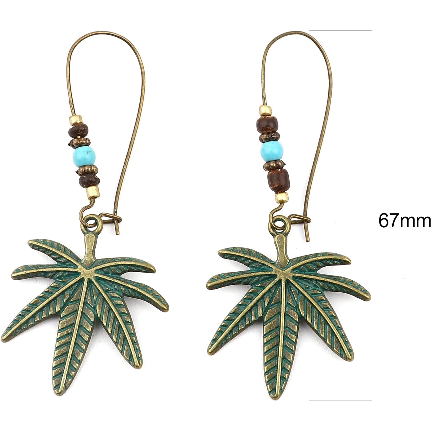 El Regalo Bohemian Antique Leaf Hook Earrings - Patina Finish Nature Inspired Dangle Earrings with Wooden & Bead Accents (Style-2)