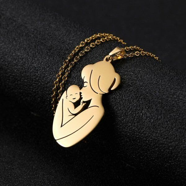 El Regalo Cute Stainless Steel Mother-Baby Pendant Necklace for Women/New Moms- Anti Tarnish Mothers Day Gift/Baby Shower Gift (Gold)