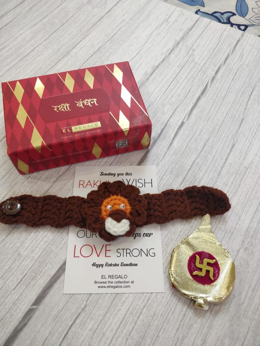 El Regalo Kids Rakhi- 1PC beautiful Hand Knitted Animals Kids Rakhi with, Rakhi Card in Rakhi Gift Box- Unique Adjustable, Soft, Knitted Rakhi for Babies/Toddlers/Kids (Tiger Knitted Rakhi)
