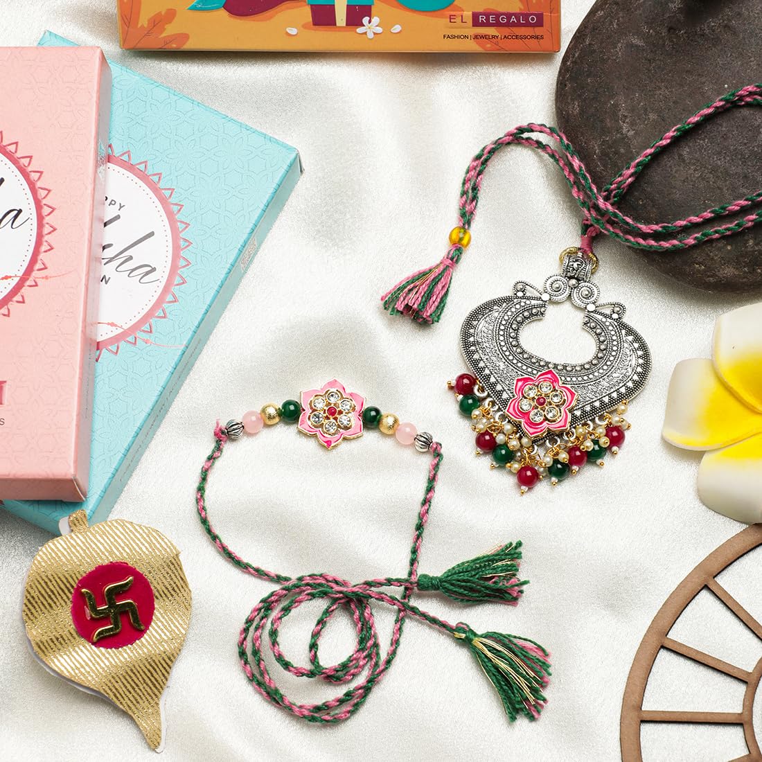 El Regalo Designer Bhaiya- Bhabhi Rakhi Luma/Lumba Set- Kundan, Pearls Rakhi with Roli Chawal in Gift Box- Luma Convertible into Necklace (Option-2)