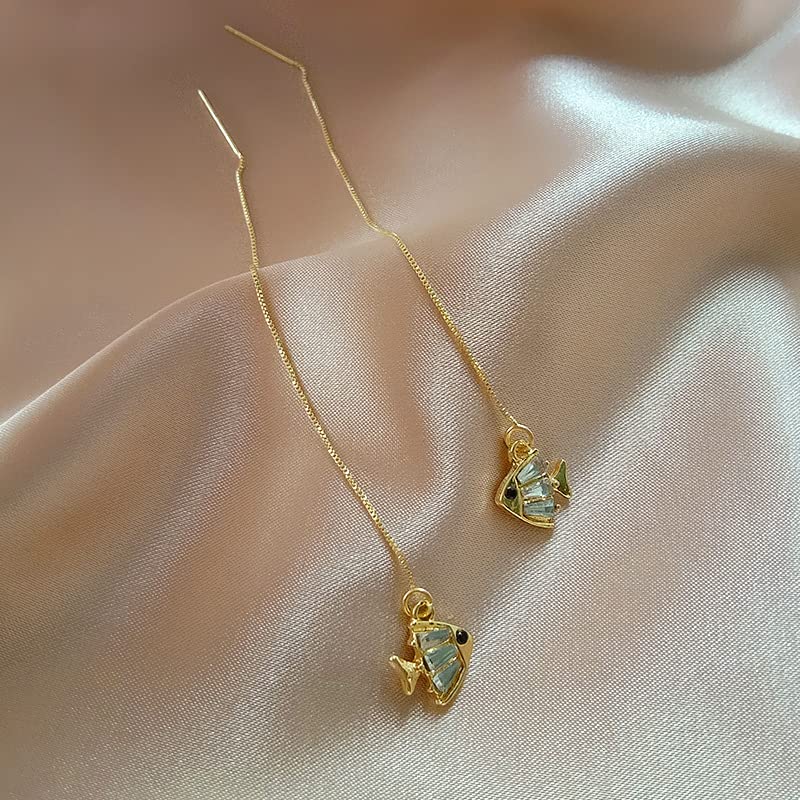 El Regalo Gold Plated Plated Minimalist Long Thin Tassel Elegant Threader Dangle Chain Earrings for Girls & Women (Fish Threader)