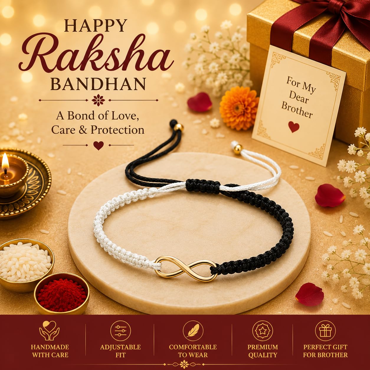 El Regalo 1PC Minimalist Infinity Rakhi for Brother- Simple Infinity Rakhi with Roli Chawal, Rakhi Message Card in Rakhi Gift box for Brother (Black & White Shade)