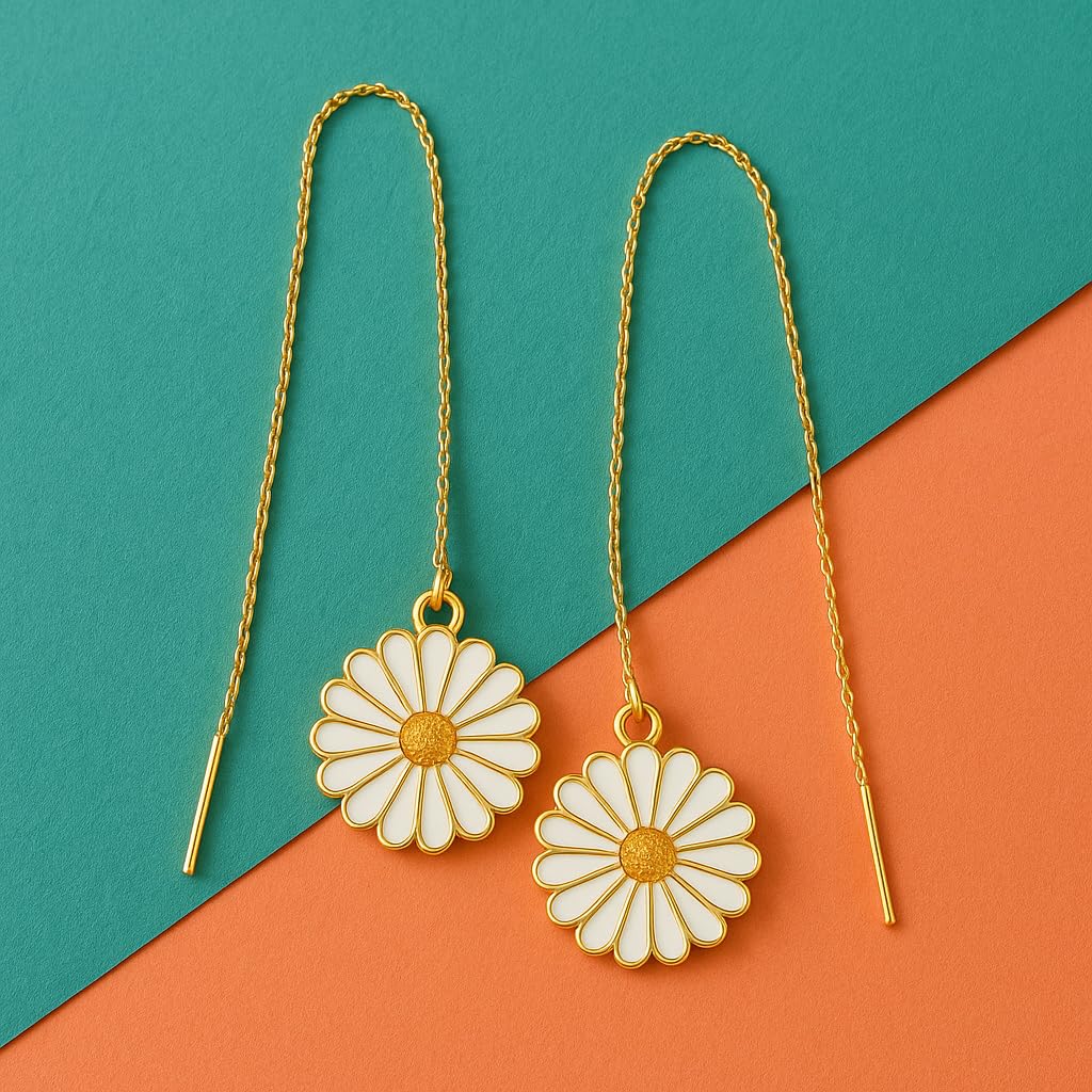 El Regalo Enamel Daisy Flower Threader Drop Earrings- Cute Flower Ear Line Earrings for Girls & Women- Valentines Day Gift for Her