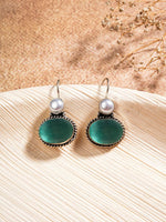 El Regalo 1Pair Cute Oxidized 925 Silver Plated Pearl & Stones Hook Earrings for Girls/Women- Silver Lookalike Handmade Oxidized Brass Hook Traditional Earrings with Stones & Pearls (Green)