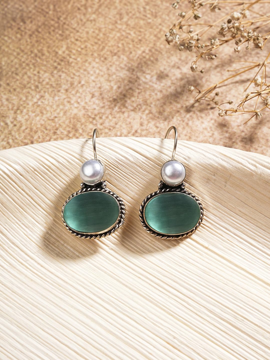 El Regalo 1Pair Cute Oxidized 925 Silver Plated Pearl & Stones Hook Earrings for Girls/Women- Silver Lookalike Handmade Oxidized Brass Hook Traditional Earrings with Stones & Pearls (Green)
