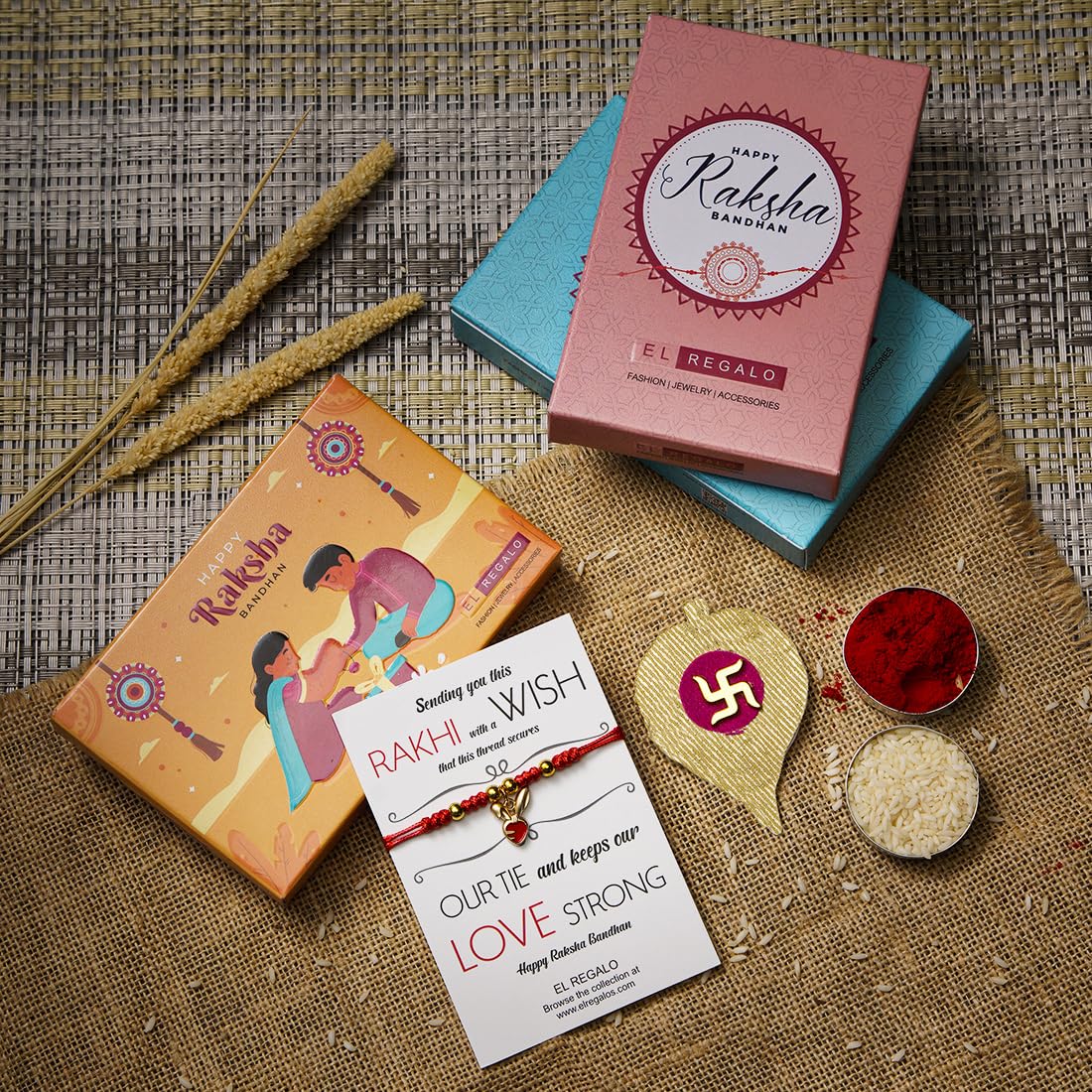 El Regalo 1PC Cute Kids Red Thread Bracelet Rakhi for Little Brother/Niece or Nephew- Kids Rakhi with Roli Chawal Shagun, Message Card in Rakhi Gift Box
