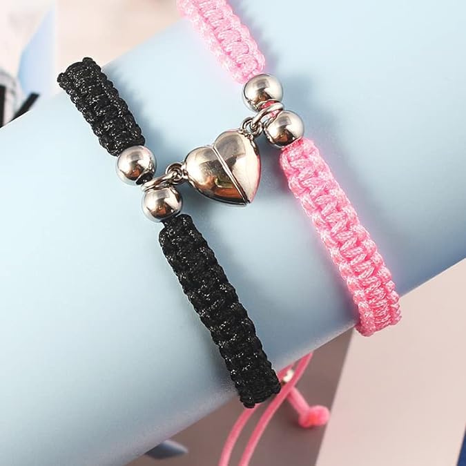 El Regalo 2Pcs Bff Best Friend Magnetic Heart Couple Bracelet Set For Couples/Best Friends/Besties/Lovers For Unisex Adult (Pink & Black Heart)