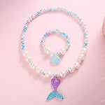 El Regalo 2 PCs Girls Kids Mermaid Princess Necklace & Bracelet Set with Colorful Mermaid Shiny Beads Bow - Costume Jewelry Favors Dress up Jewelry (Blue Mermaid Set)