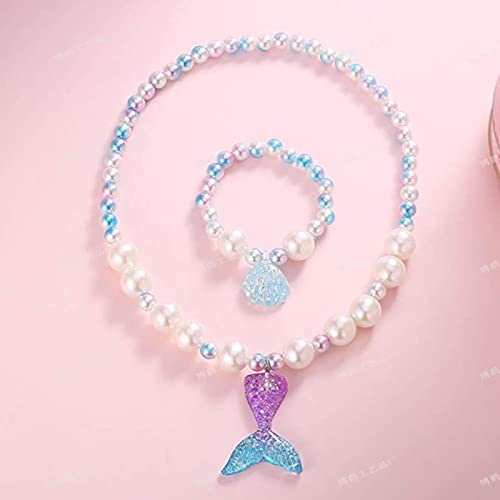 El Regalo 2 PCs Girls Kids Mermaid Princess Necklace & Bracelet Set with Colorful Mermaid Shiny Beads Bow - Costume Jewelry Favors Dress up Jewelry (Blue Mermaid Set)