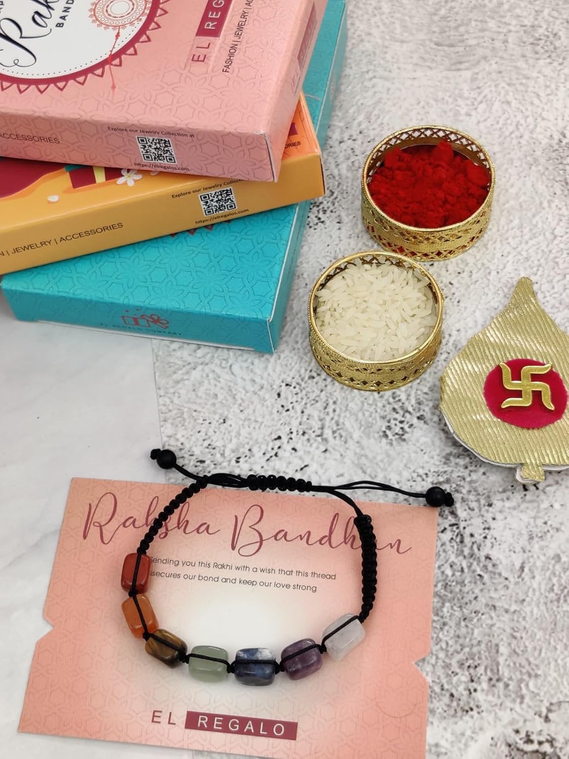 El Regalo 1 PC 7Chakra Natural Stones Unisex Bracelet Rakhi for Brother | Chakra Stones Healing Crystal Thread Rakhi for Bhai with Roli Chawal Shagun, RakhiMessage Card in Rakhi Gift Box