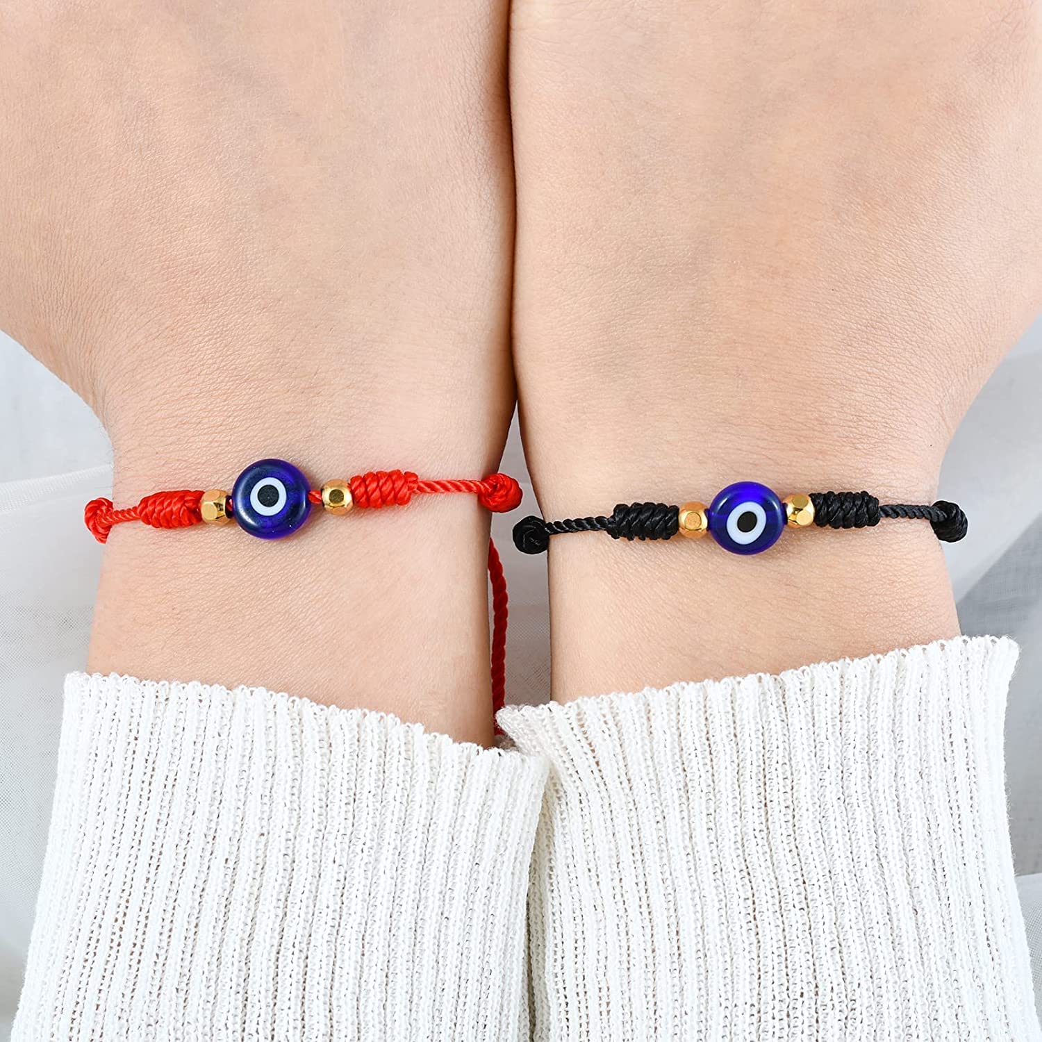 El Regalo 2PCs Lucky Evil Eye 7 Knots Handwoven Adjustable Bracelets - Protection 7 Knots Evil Eye Unisex Bracelet Set for All- Girls/Boys/Men & Women (1 Black 1 Red Evil Eye)