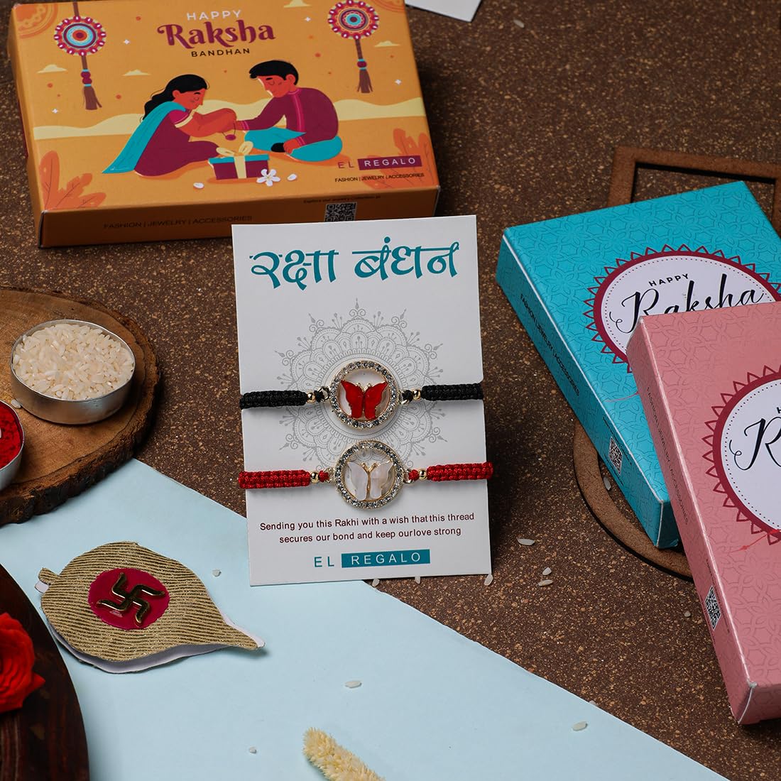El Regalo 2 PCs Fancy CZ Butterfly Rakhis Combo Set - Beautiful 2 Rakhis Set with Roli Chawal, Rakhi Message Card in Rakhi Gift Box for Little Brother/Bhabhi/Niece/Nephew