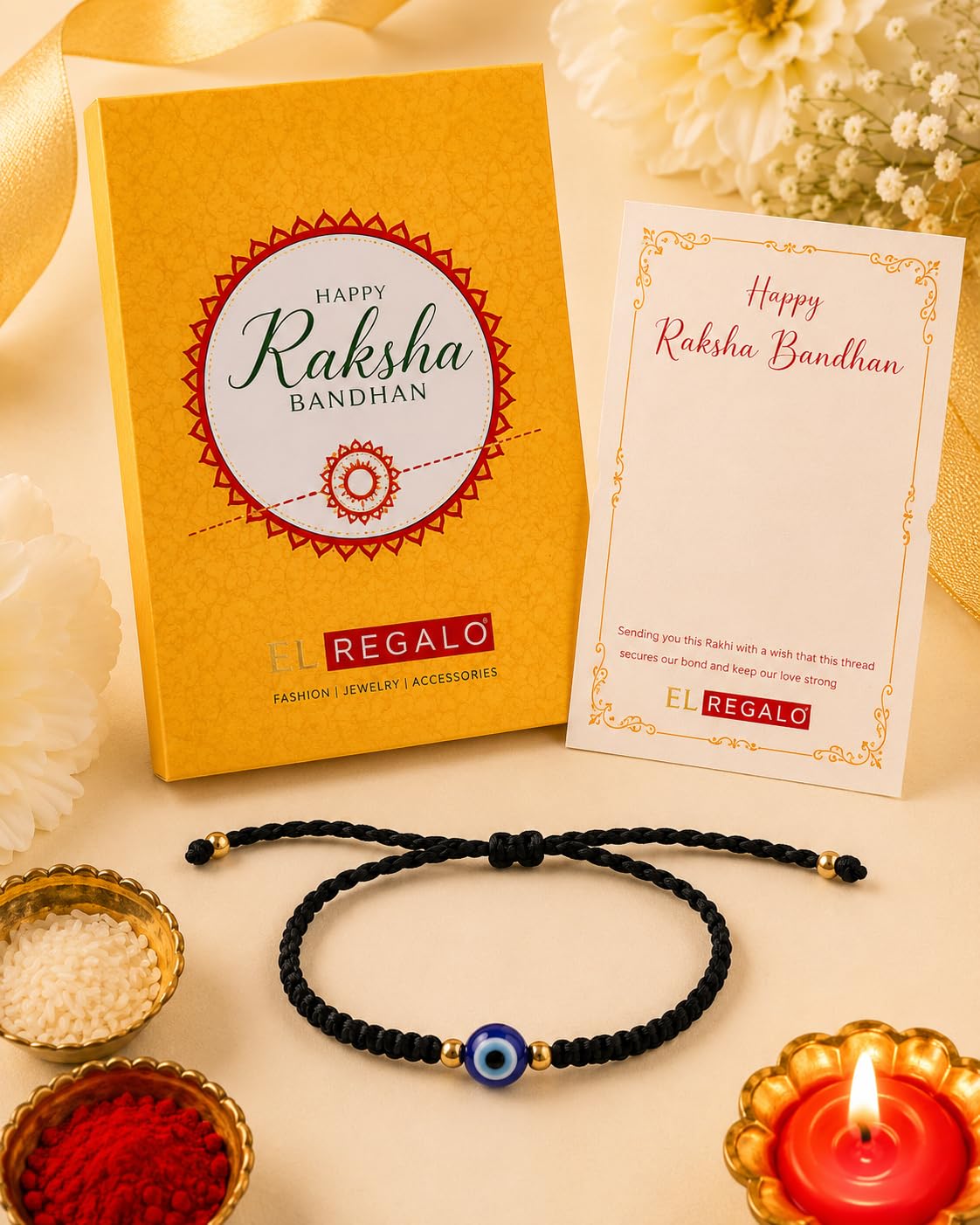 El Regalo Evil Eye CZ Bracelet Rakhi for Brother with Roli Chawal in Gift Box (Option-6)