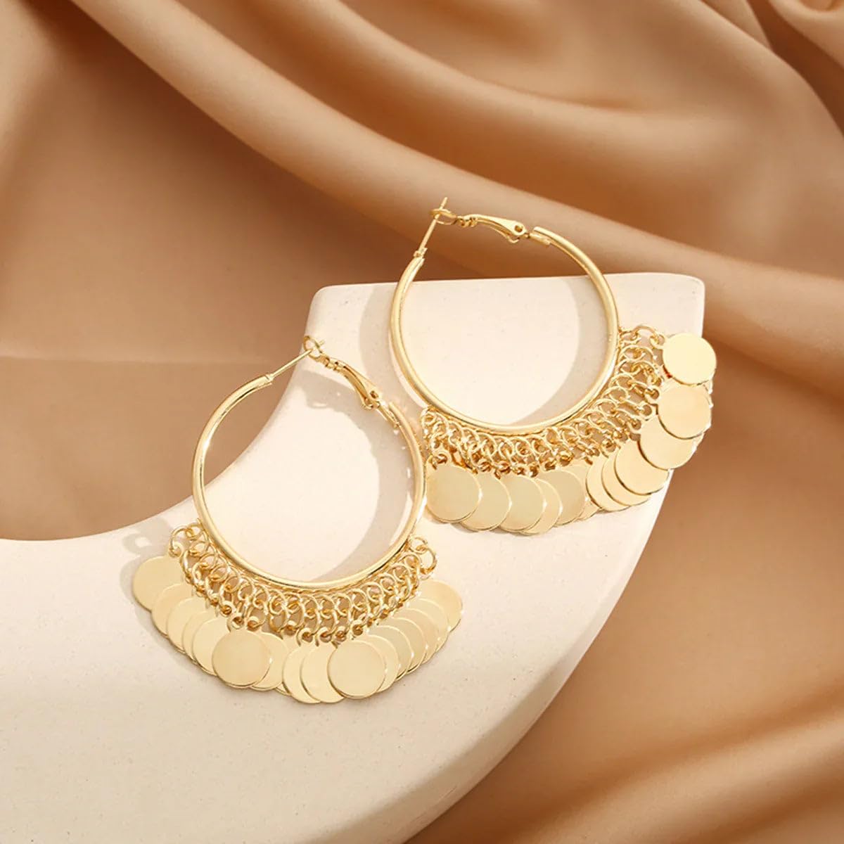 El Regalo Bohemian Gold Hoop Earrings with Hanging Coin Discs for Women & Girls | Light Indo Western Chandbali Style Bali | Gypsy Festival & Party Fashion Jewellery