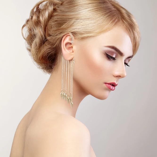 El Regalo Long Tassel Elf Ear Cuff Earrings for Women - Non Piercing Crawler Ear Wrap Bollywood Chandelier Dangle Earrings - Fairy Star & Spike Ear Clips (Spikes Tassel)