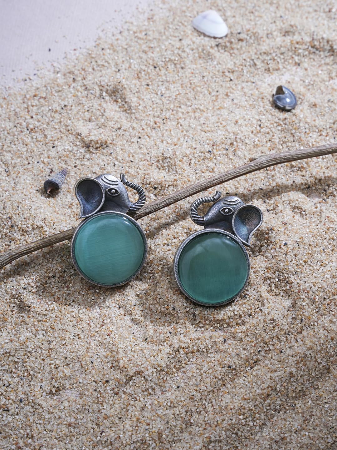 El Regalo 1Pair Oxidized German Silver Ganesha Elephant Stone Stud Earrings- Handcrafted Unique Earrings with Color Stone Options (silky Green)