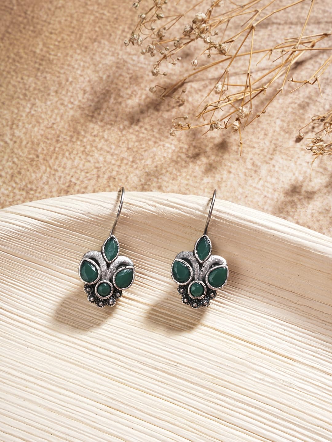 El Regalo Small Oxidized German Silver Stones Hook Earrings- Handmade Oxidized Indian Earrings (Green)
