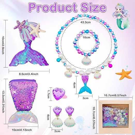El Regalo 6PCs Mermaid Shell Girls Kids Jewelry Set- Necklace, Bracelet, Earrings, Ring, Hair Clip & Sequin Handbag for Girls- Girls Princess Jewelry Set