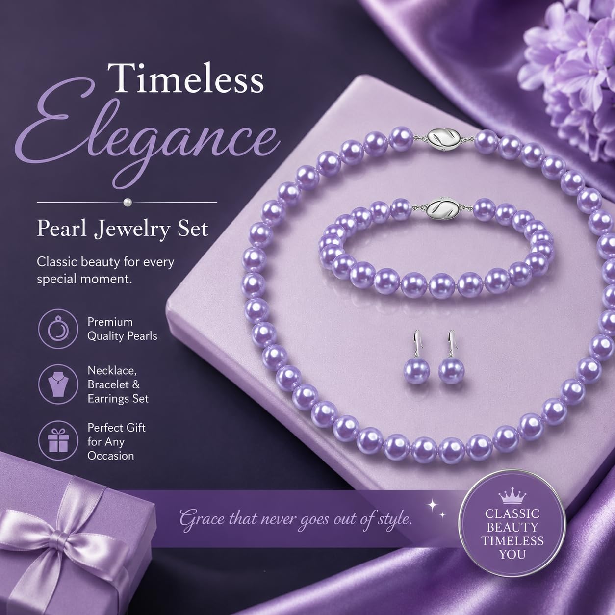 El Regalo Elegant 3-Piece Pearls Jewelry Set Includes Strand Mala, Stunning Bracelet & Dangle Earrings | Premium 8mm Round Shell Pearl Necklace Set for Women | Luxury Party Gifting (Purple)