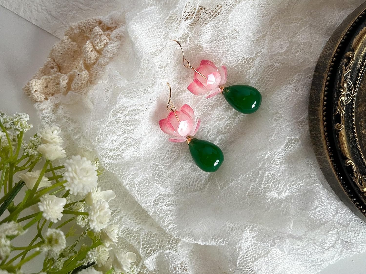 El Regalo Handmade Lotus Flower Dangle Earrings for Women & Girls | Elegant Pink Bloom & Green Teardrop Bead Drop Earrings | Nature-Inspired Traditional Boho Floral Fashion Jewellery Gift