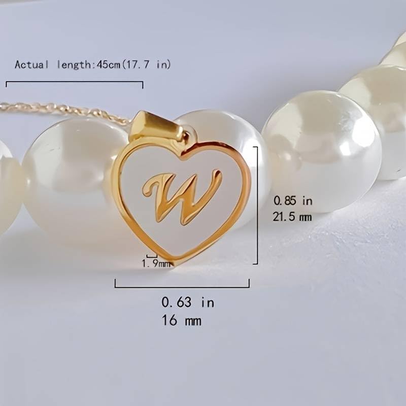 El Regalo Personalized Heart Name Initial Letters Pendant Necklaces - Stainless Steel Golden Heart Mother of Pearl Name Initials Letters Jewelry - Hypoallergenic Cursive Letters (A-Z) (W)