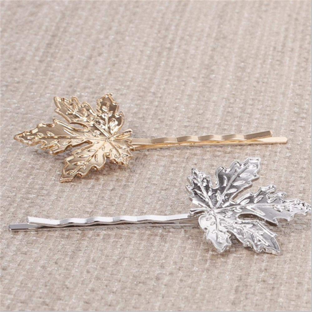 El Regalo Set of 2 Fancy Bridal Maple Leaf Hair Clips for Girls & Women/Vintage Bridal Bobby Pins Set (1 Golden + 1 Silver)