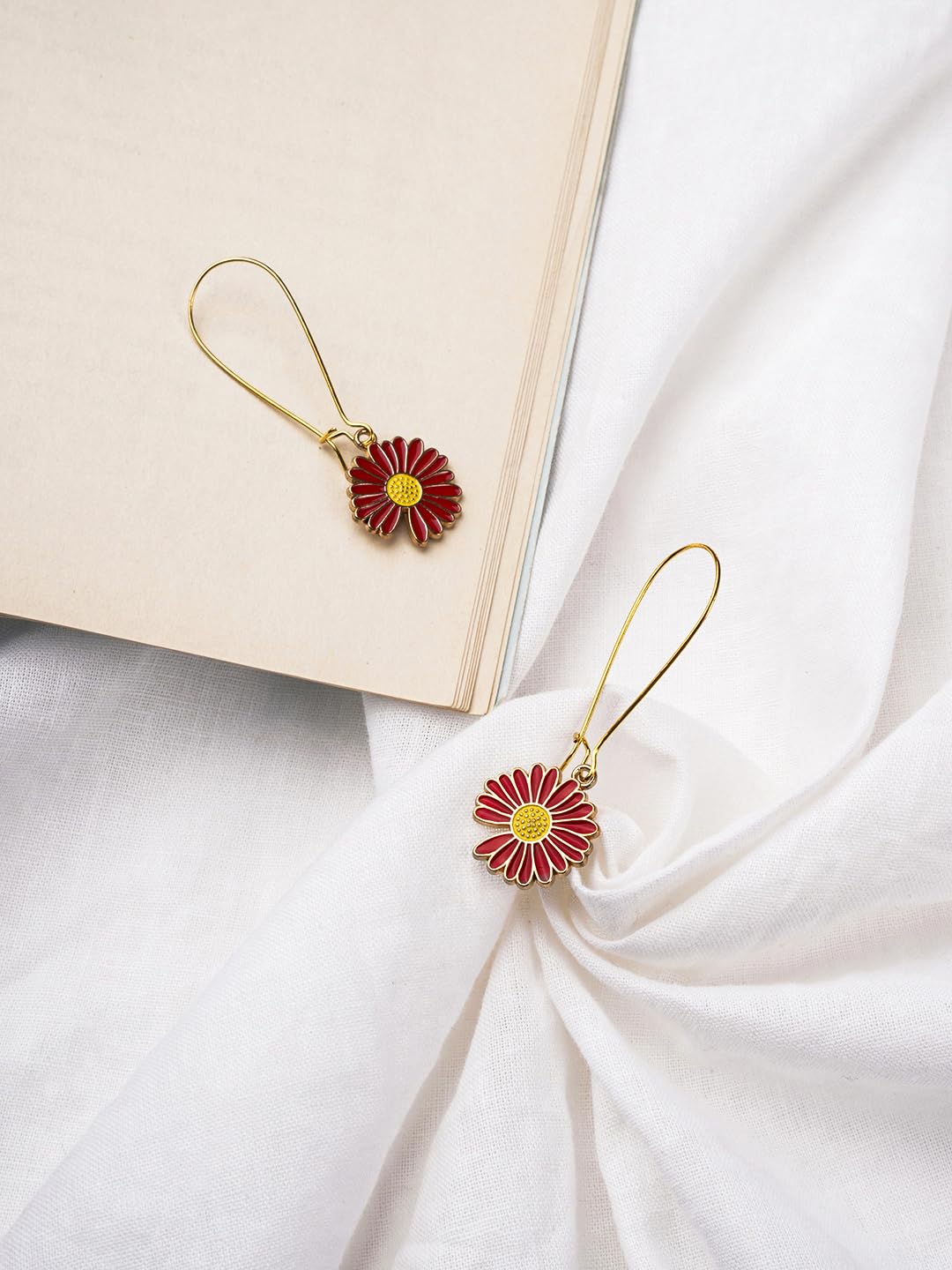 El Regalo Beautiful Enamel Flowers Long Hook Earrings for Women/Girls - Delicate Cute Flowers Charms Hook Earrings (Red Flower)