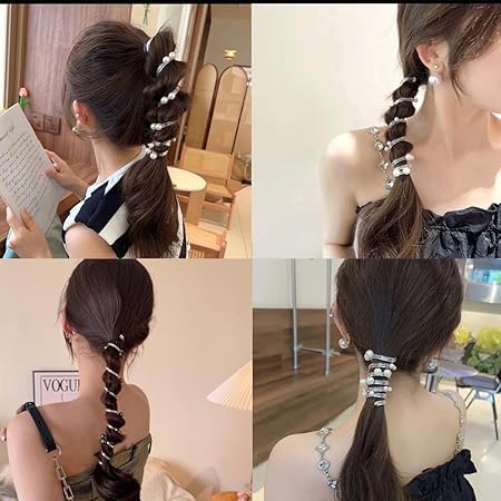 El Regalo 3PCs Stretchy Pearl Spiral Braided Telephone Scrunchies Ponytail Holders, Hair Ties for Kids Girls/Teens & Women - Black, White & Silver