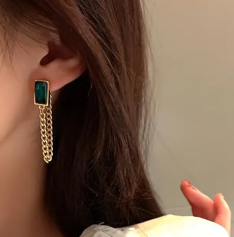 El Regalo Emerald Green Color Earrings for Women - Gold Plated Rectangular Crystal Studs with Cuban Link Hanging Chain - Classy Party Western Earrings for Girls - Ideal Gift for Birthday or Anniversary
