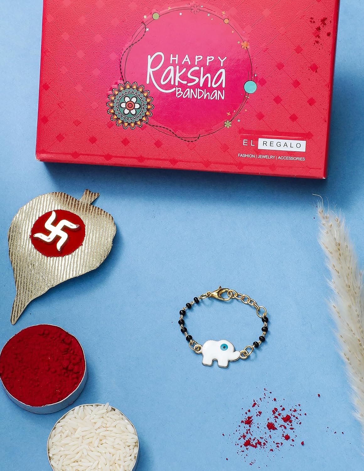 El Regalo Cute Evil Eye Nazaria Bracelet Rakhi for Babies/Kids with Roli Chawal, Rakhi Message card in Rakhi Gift Box- Baby Nazaria Rakhi (White Elephant Nazaria Rakhi)