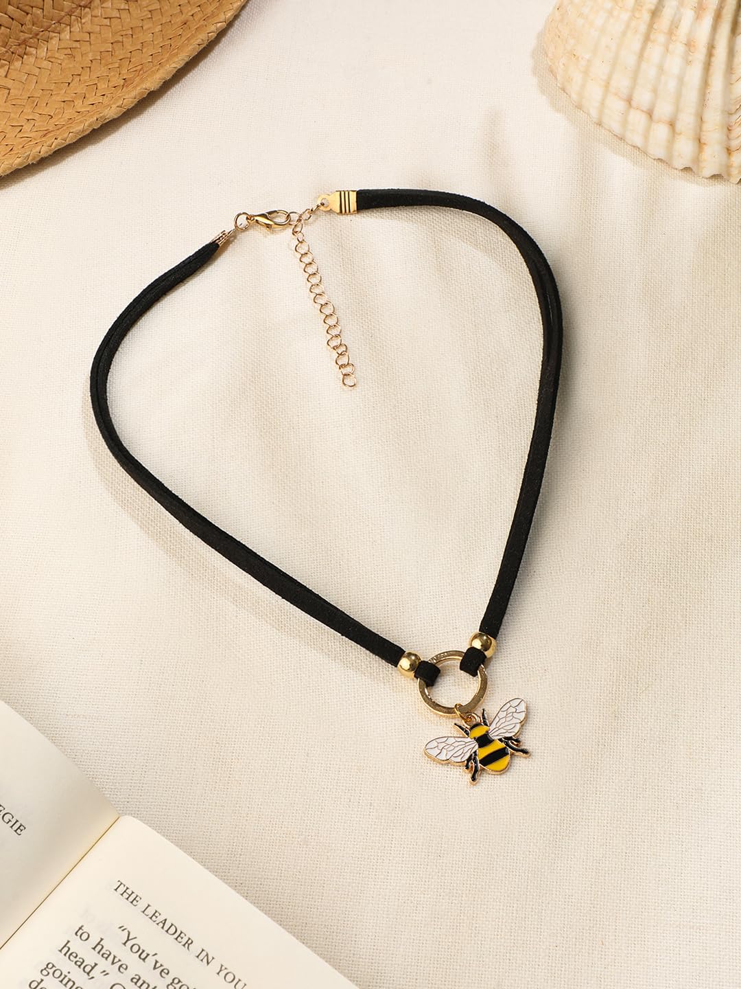 El Regalo 1PC Cute & Fancy Black Faux Choker Collar Necklace with Charms for Girls & Women (Honey Bee Charm Choker)