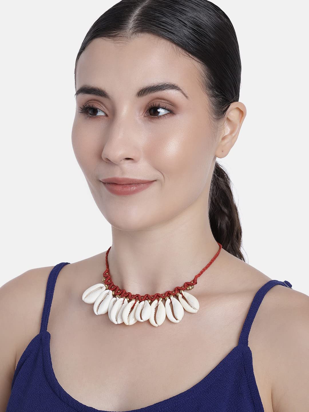 El Regalo Bohemian Gypsy Hippie Cowrie Beads Collar Macrame Choker Necklace for Girls & Women | Adjustable Retro Cowrie Handmade Beach Choker Necklace (Red Macrame Cowrie Necklace)
