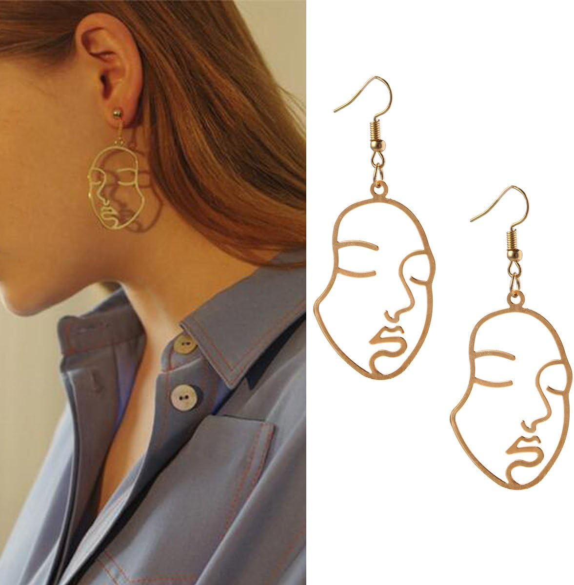 El Regalo "Chehra" Abstract Face Earrings- Gold Tone Geometric Hollow Face Earrings for Girls & Women- Vintage Fashion (Face Hook)