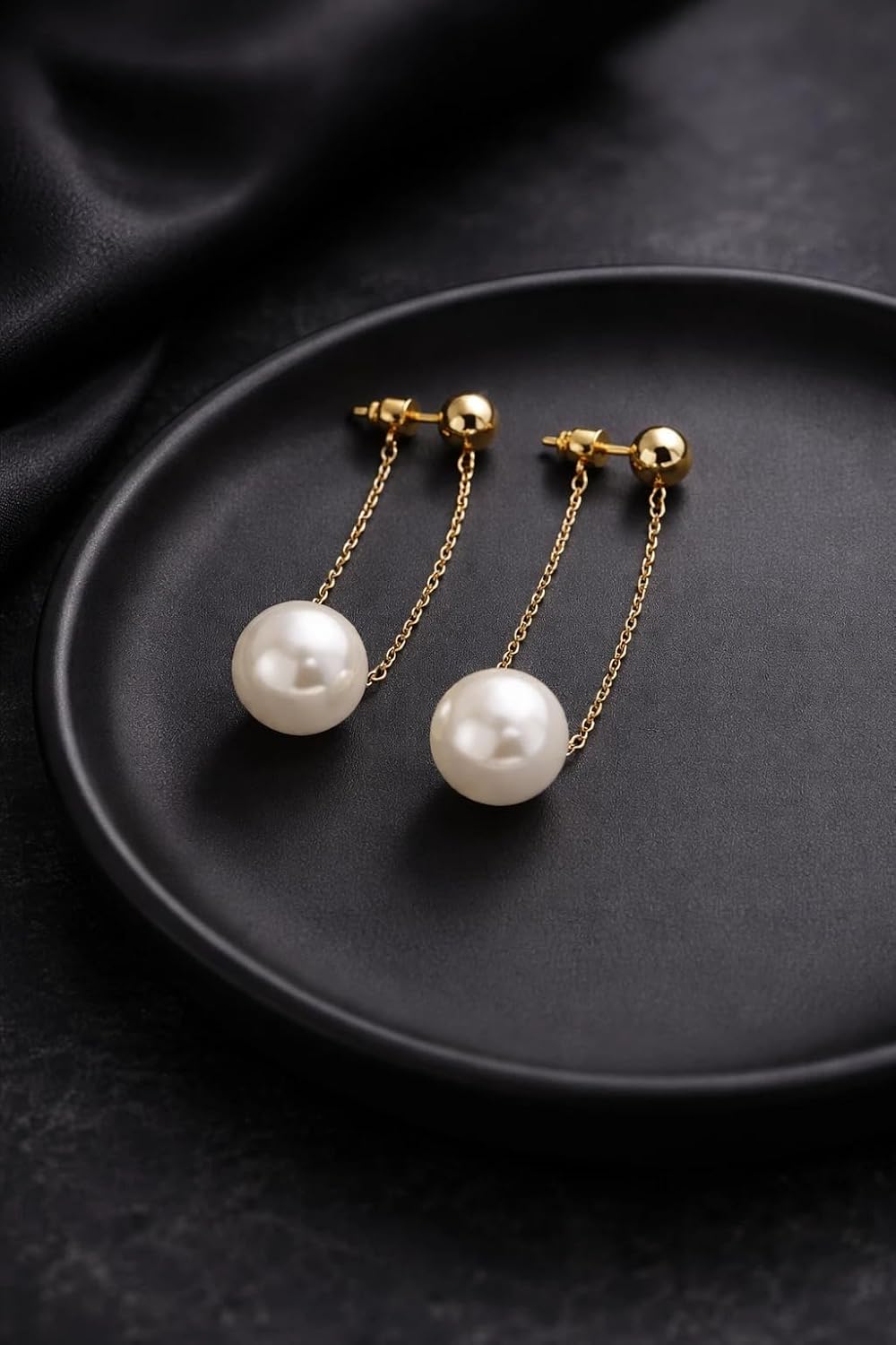 El Regalo Korean Fashion Minimalist Pearl Pendant Gold Dangle Earrings for Women & Girls | Elegant Front Back Chain Drop Studs | Western Gothic Chic & Seductive Party Jewelry