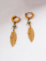 El Regalo Elegant Stainless Steel Leaf/Feather Hoop Turquoise Stone Earrings- Anti Tarnish, Waterproof Statement Leaf Hoops for Modern Women