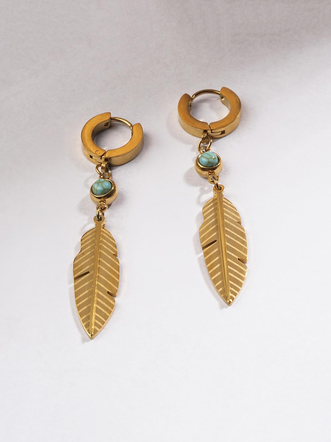 El Regalo Elegant Stainless Steel Leaf/Feather Hoop Turquoise Stone Earrings- Anti Tarnish, Waterproof Statement Leaf Hoops for Modern Women