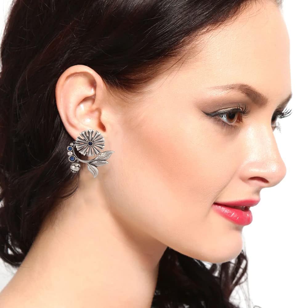 El Regalo Oxidized Brass Earrings for Women - Silver Lookalike/Silver Replica Floral Leaves Stones Statement earrings for Girls & Women- Handmade Earrings (Blue)